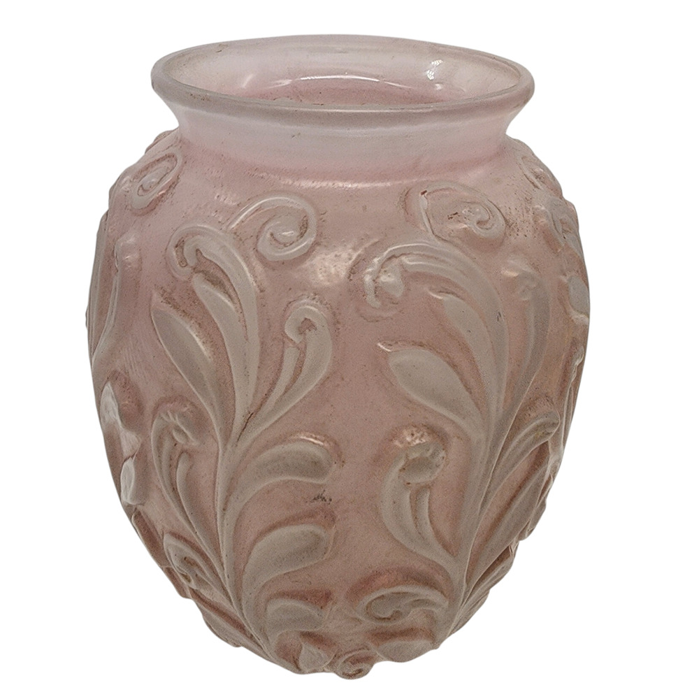 Phoenix Glass Light Pink Crystal Frosted Figured Vase Reuben Line Label 6" Tall